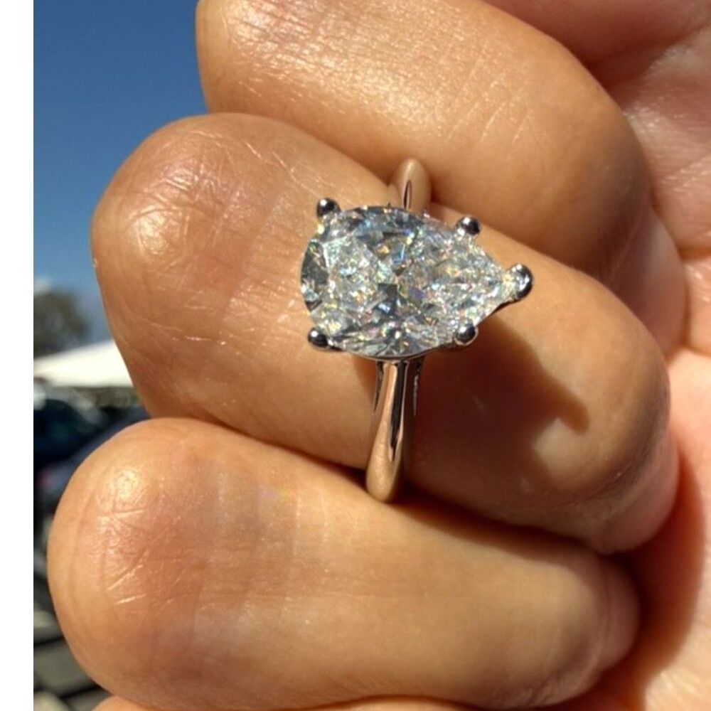 2CT Pear Cut Moissanite Ring Rhodium Plated Size 7